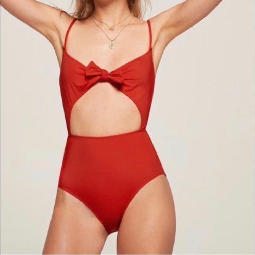 Reformation Red Cutout Tie Front One Piece Swimsuit XS Adjustable Straps